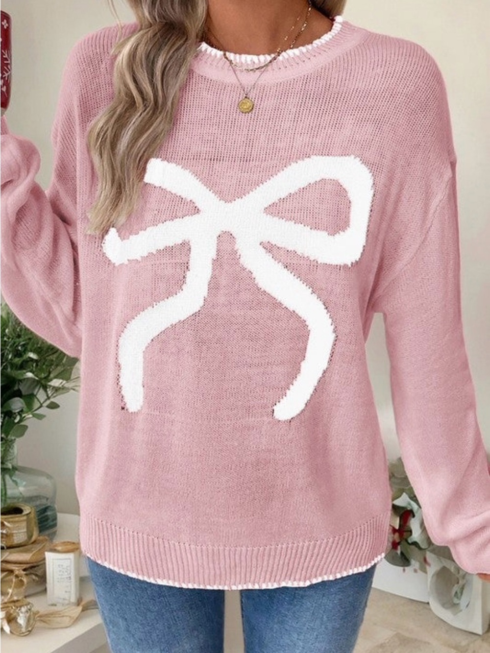 Private Label Pink Crewneck Sweater with White Bow